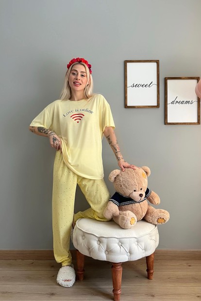 Sarı Online Baskılı Örme Kısa Kollu Kadın Pijama Takımı - 5