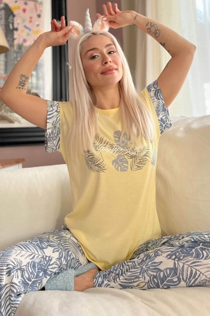 Sarı Perfect Love Baskılı Örme Kısa Kol Kadın Pijama Takımı - 1
