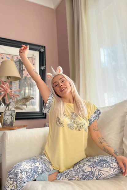 Sarı Perfect Love Baskılı Örme Kısa Kol Kadın Pijama Takımı - 3