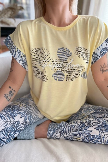 Sarı Perfect Love Baskılı Örme Kısa Kol Kadın Pijama Takımı - 4