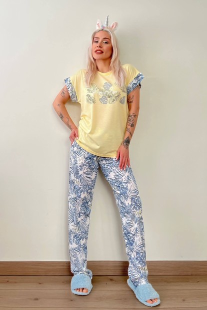 Sarı Perfect Love Baskılı Örme Kısa Kol Kadın Pijama Takımı - 5
