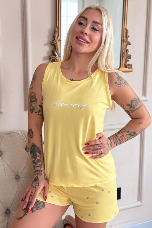 Sarı Shine Desenli Bambu Sıfır Kol Şortlu Kadın Pijama Takımı - Pijamaevi