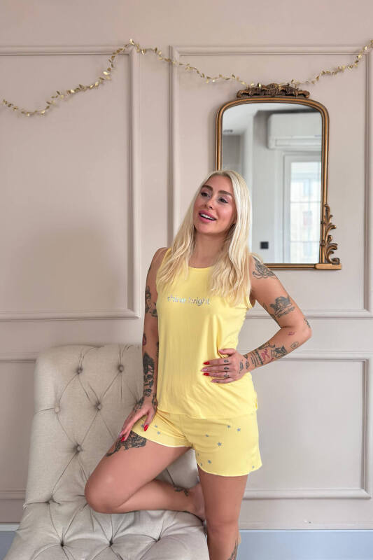 Sarı Shine Desenli Bambu Sıfır Kol Şortlu Kadın Pijama Takımı - Pijamaevi (1)