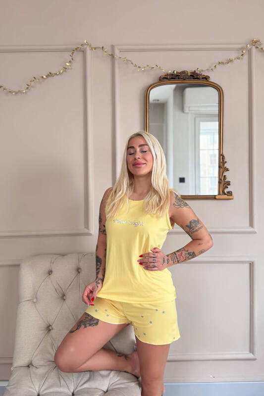 Sarı Shine Desenli Bambu Sıfır Kol Şortlu Kadın Pijama Takımı - Pijamaevi (3)
