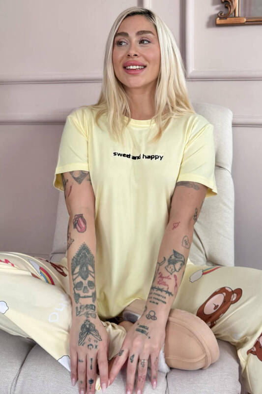 Sarı Sweet Desenli Bambu Kısa Kol Kadın Pijama Takımı - Pijamaevi