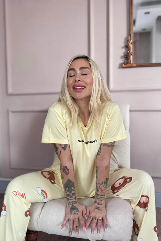 Sarı Sweet Desenli Bambu Kısa Kol Kadın Pijama Takımı - Pijamaevi (2)