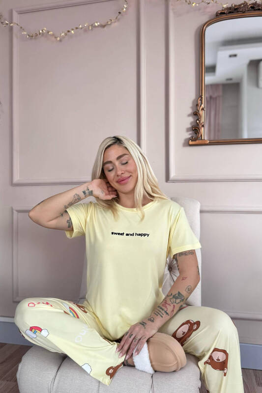 Sarı Sweet Desenli Bambu Kısa Kol Kadın Pijama Takımı - Pijamaevi (3)