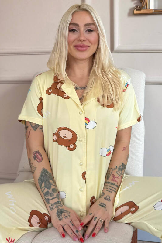 Sarı Teddy Dreams Desenli Bambu Önden Düğmeli Kısa Kol Pijama Takımı - Pijamaevi