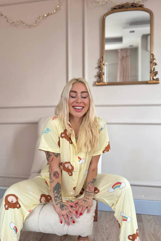 Sarı Teddy Dreams Desenli Bambu Önden Düğmeli Kısa Kol Pijama Takımı - Pijamaevi (3)