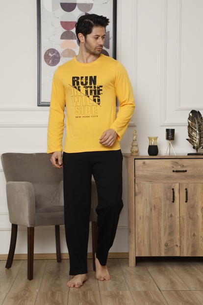 Sarı Wild Baskılı Uzun Kollu Erkek Pijama Takımı - 1