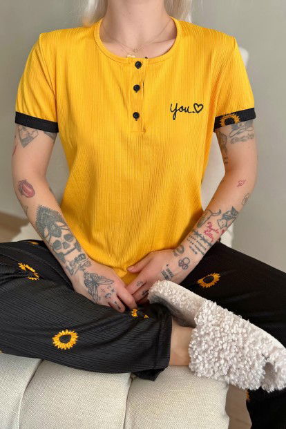 Sarı You Nakışlı Kısa Kollu Örme Kadın Pijama Takımı - 4