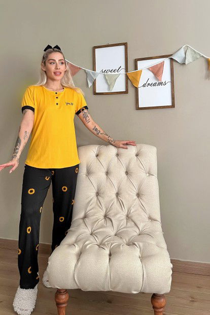 Sarı You Nakışlı Kısa Kollu Örme Kadın Pijama Takımı - 5
