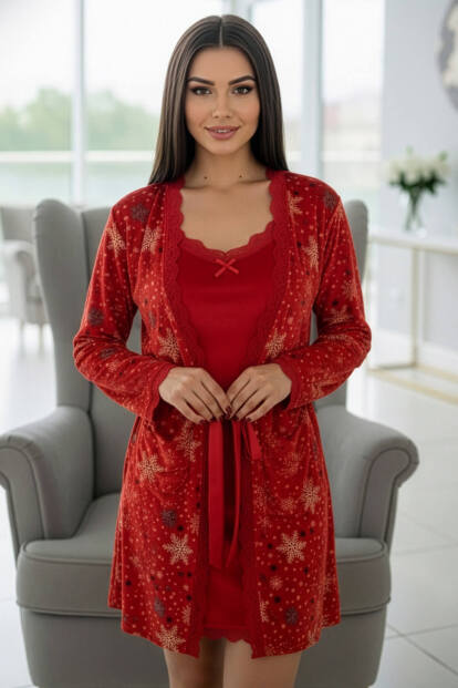 Scarlet Night Exclusive Kadife Sabahlıklı Gecelik Kadın Pijama Takımı - 6