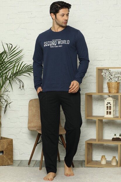 Second World Baskılı Uzun Kollu Erkek Pijama Takımı - 1