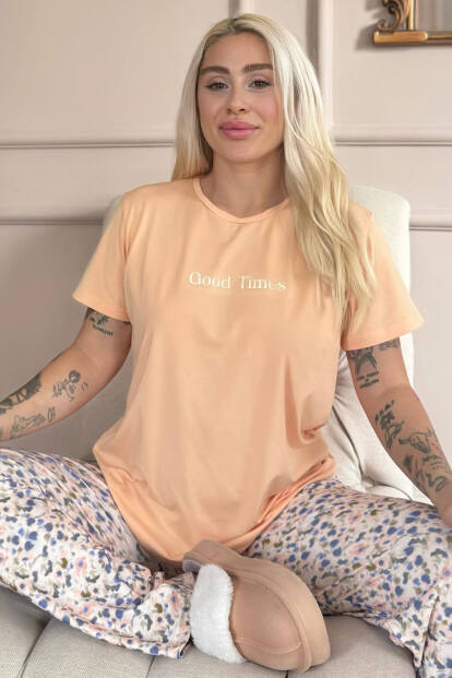Şeftali Good Times Desenli Kısa Kollu Örme Kadın Pijama Takımı - 7