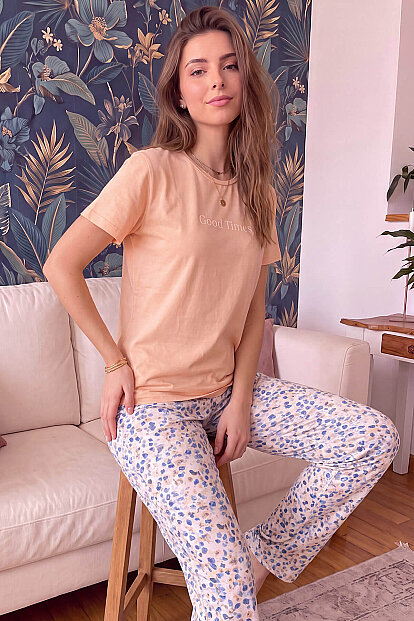 Şeftali Good Times Desenli Kısa Kollu Örme Kadın Pijama Takımı - 2
