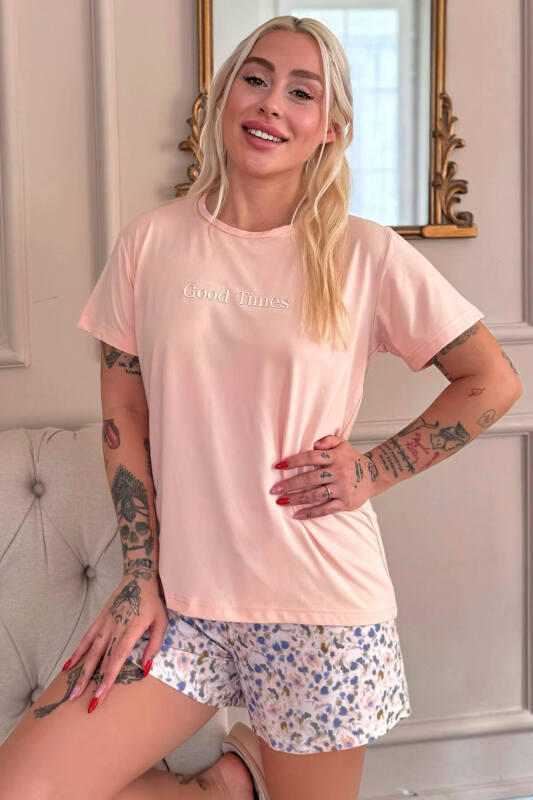 Şeftali Good Times Desenli Kısa Kollu Şortlu Örme Kadın Pijama Takımı - Pijamaevi