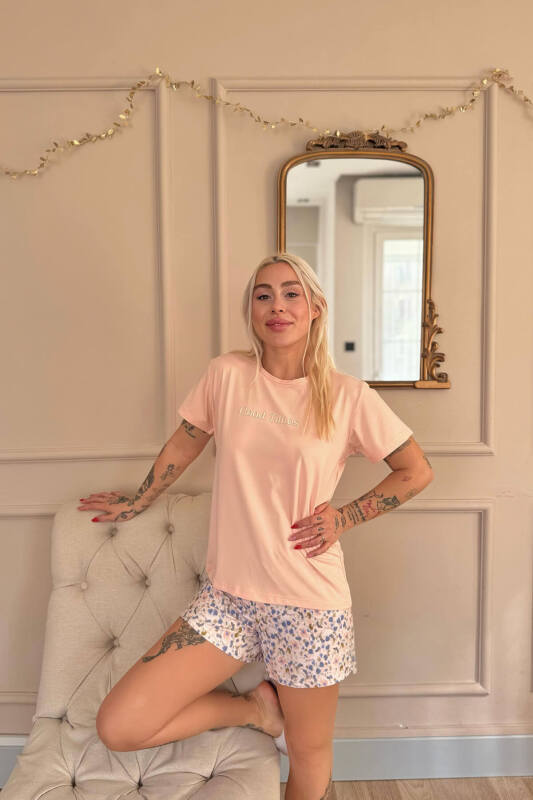 Şeftali Good Times Desenli Kısa Kollu Şortlu Örme Kadın Pijama Takımı - Pijamaevi (2)