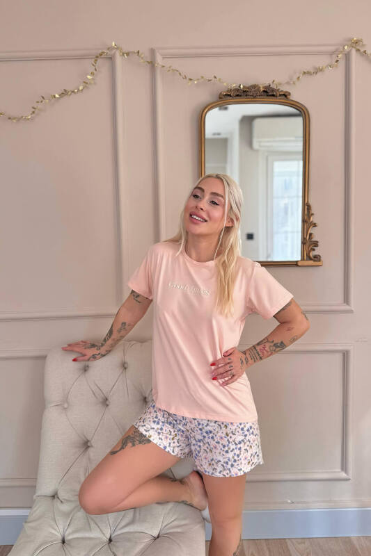 Şeftali Good Times Desenli Kısa Kollu Şortlu Örme Kadın Pijama Takımı - Pijamaevi (3)