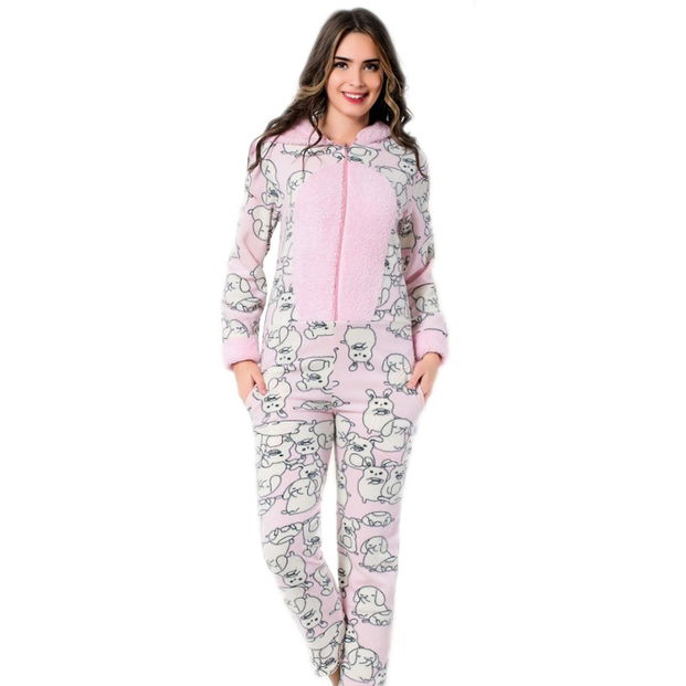 Sevimli Tavşan Desenli Polar Tulum Pijama - 1