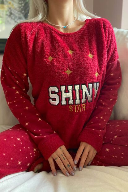 Shiny Star Desenli Kadın Peluş Polar Pijama Takımı - 3