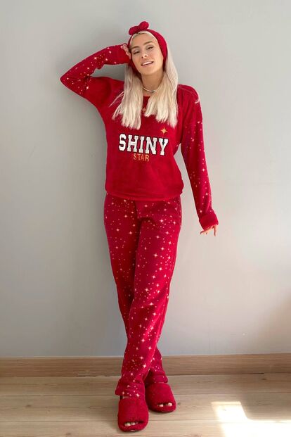 Shiny Star Desenli Kadın Peluş Polar Pijama Takımı - 4