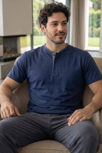 Signature Navy Kısa Kollu Pat Detaylı Elegant Erkek Pijama Takımı - 4