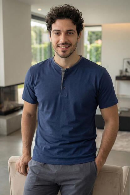 Signature Navy Kısa Kollu Pat Detaylı Elegant Erkek Pijama Takımı - 5