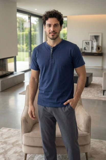 Signature Navy Kısa Kollu Pat Detaylı Elegant Erkek Pijama Takımı - 6