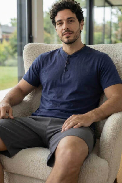 Signature Navy Şortlu Pat Detaylı Elegant Erkek Pijama Takımı 