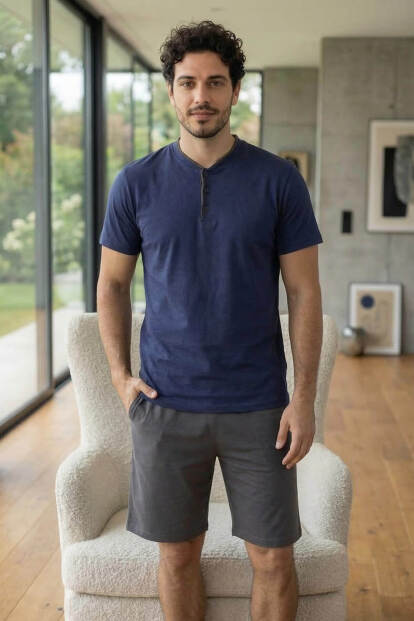 Signature Navy Şortlu Pat Detaylı Elegant Erkek Pijama Takımı - 7