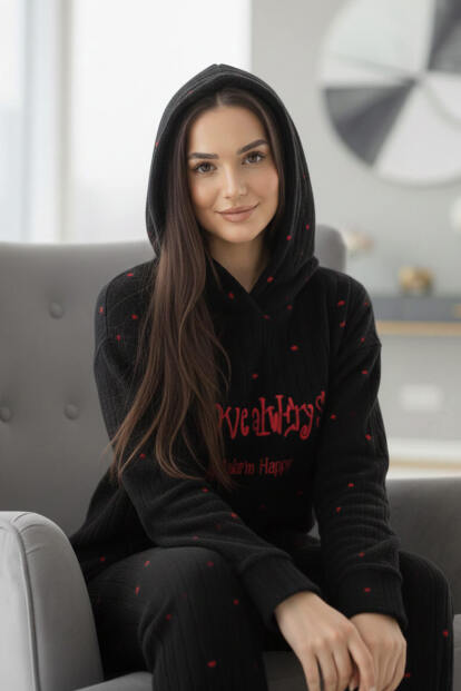 Siyah Always Desenli Kapşonlu Peluş Polar Pijama Takımı - 3