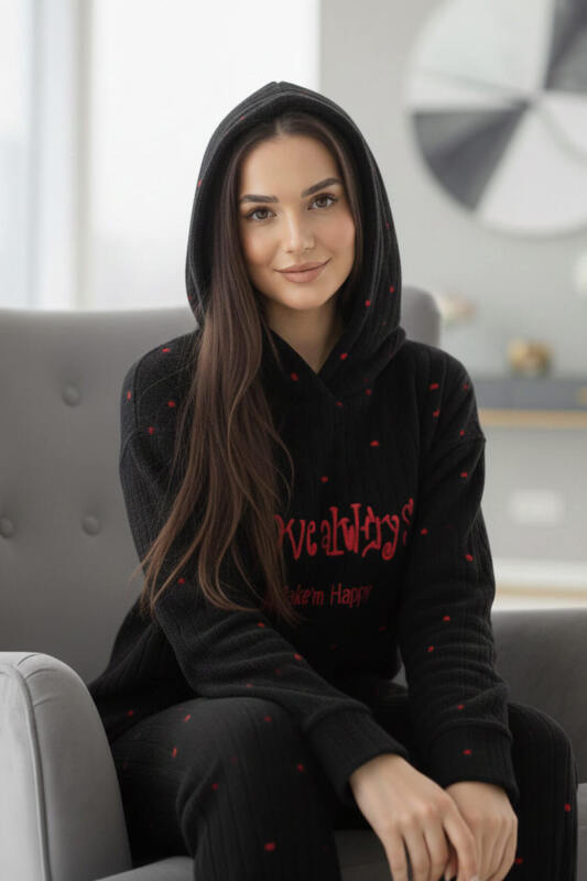 Siyah Always Desenli Kapşonlu Peluş Polar Pijama Takımı - Pijamaevi (2)