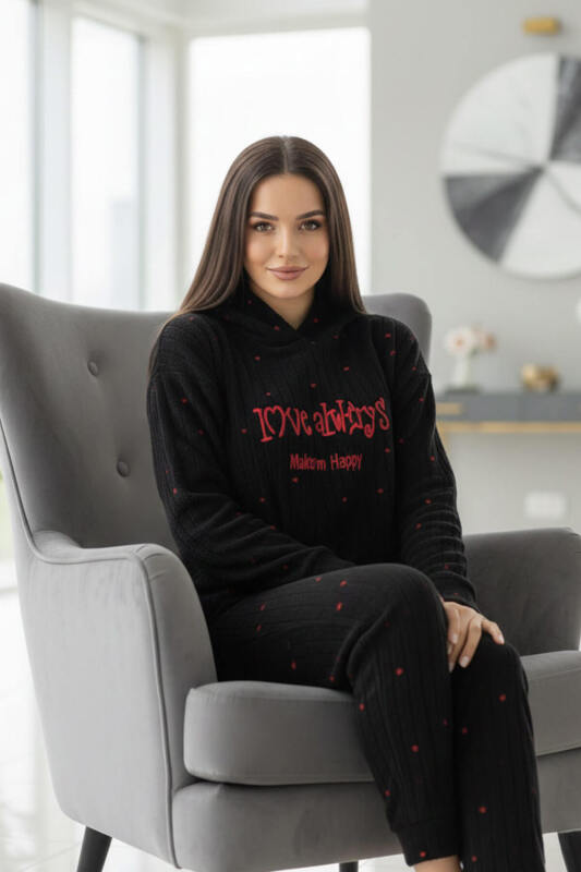 Siyah Always Desenli Kapşonlu Peluş Polar Pijama Takımı - Pijamaevi (3)