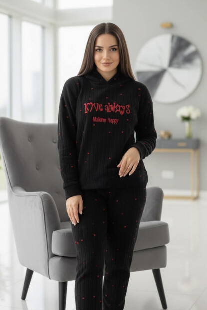 Siyah Always Desenli Kapşonlu Peluş Polar Pijama Takımı - 5
