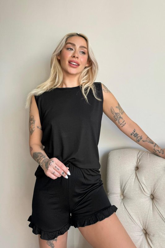 Siyah Basic Kolsuz Askılı Şortlu Kadın Pijama Takımı - Pijamaevi (1)