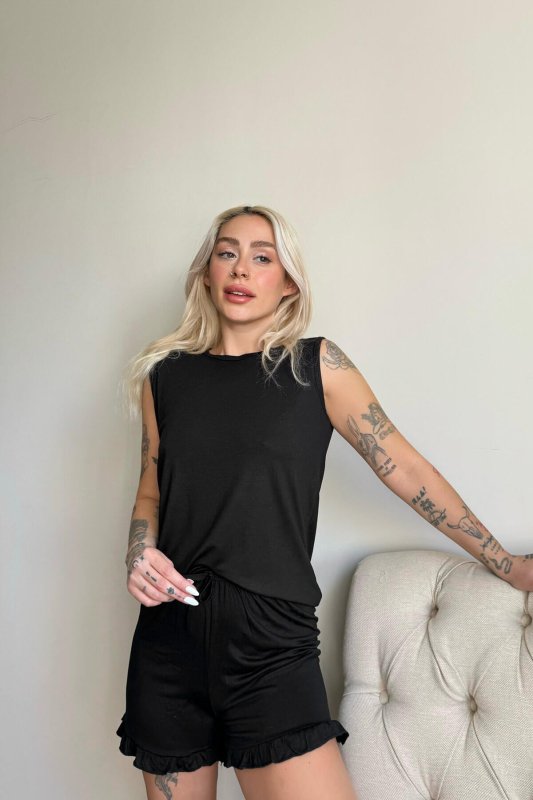 Siyah Basic Kolsuz Askılı Şortlu Kadın Pijama Takımı - Pijamaevi (2)