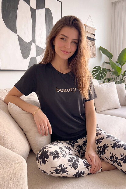Siyah Beauty Desenli Kısa Kollu Örme Kadın Pijama Takımı - 5