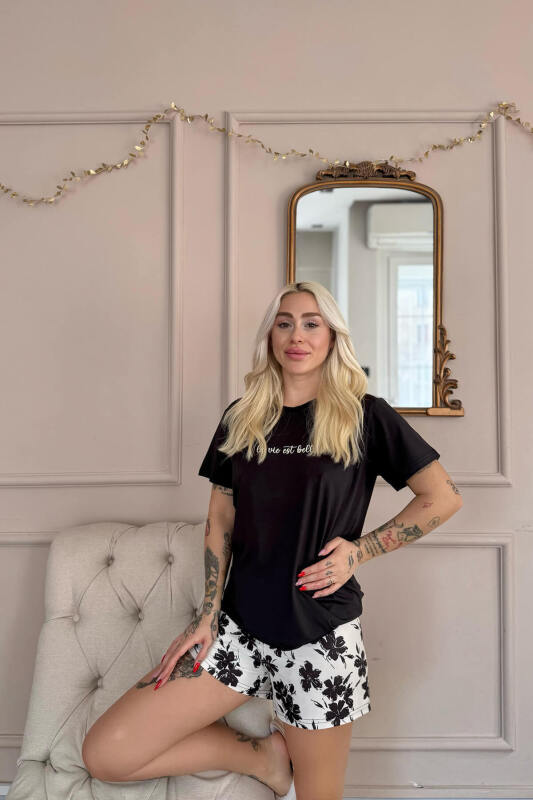 Siyah Belle Desenli Kısa Kollu Şortlu Örme Kadın Pijama Takımı - Pijamaevi (2)