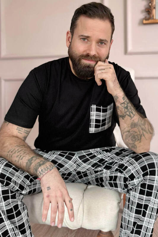 Siyah Beyaz Ekose Desen Cep Detaylı Kısa Kol Erkek Pijama Takımı - Pijamaevi