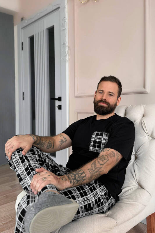 Siyah Beyaz Ekose Desen Cep Detaylı Kısa Kol Erkek Pijama Takımı - Pijamaevi (1)