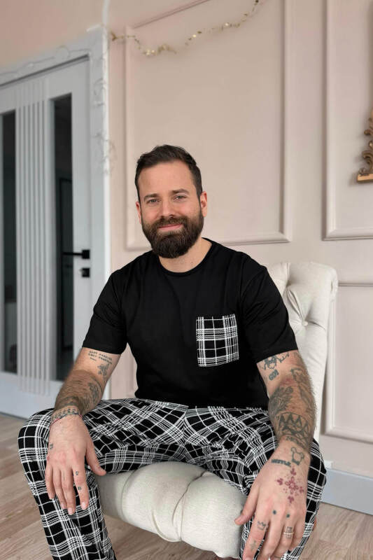 Siyah Beyaz Ekose Desen Cep Detaylı Kısa Kol Erkek Pijama Takımı - Pijamaevi (2)