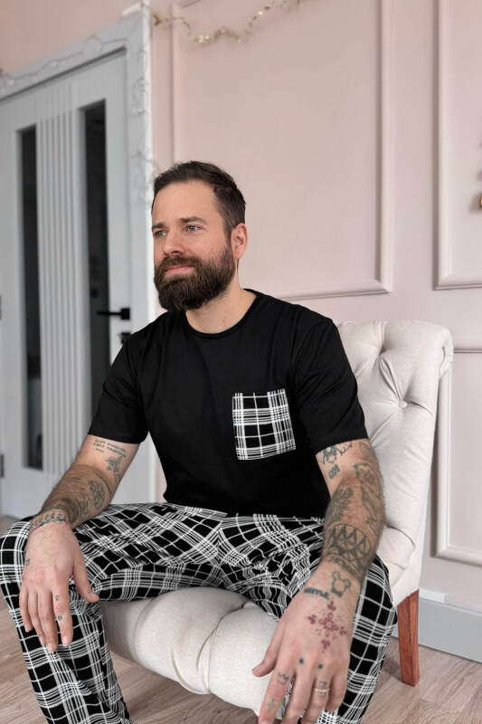 Siyah Beyaz Ekose Desen Cep Detaylı Kısa Kol Erkek Pijama Takımı - Pijamaevi (3)