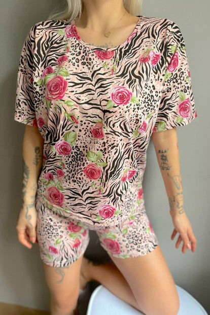 Siyah Beyaz Gül Baskılı Şortlu Kadın Pijama Takımı - 4