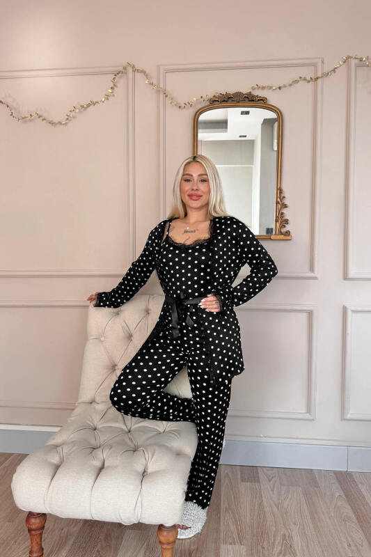 Siyah Beyaz Puantiye Desenli Sabahlıklı Pegasus Pijama Takımı - Pijamaevi (3)