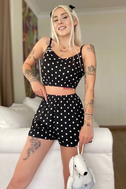 Siyah Beyaz Şortlu Bustiyer Pijama Takım - 2