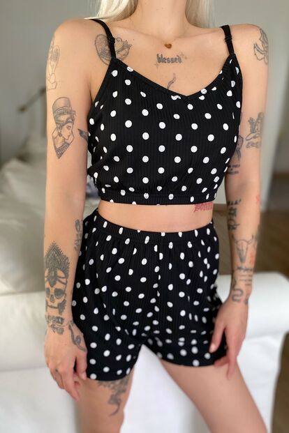 Siyah Beyaz Şortlu Bustiyer Pijama Takım - 3