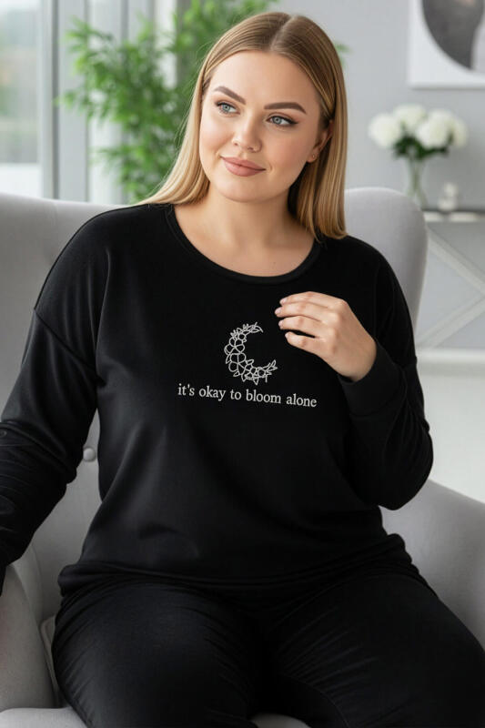 Siyah Bloom Desenli Exclusive Battal Büyük Beden Kadife Kadın Pijama Takımı  - Pijamaevi