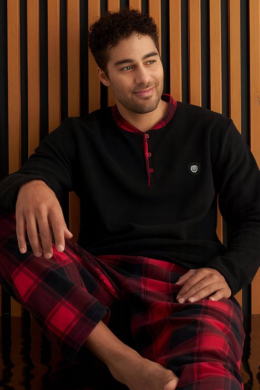 Siyah Bordo Ekose Desenli Polar Erkek Pijama Takımı - Pijamaevi