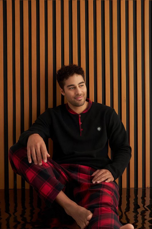 Siyah Bordo Ekose Desenli Polar Erkek Pijama Takımı - Pijamaevi (2)